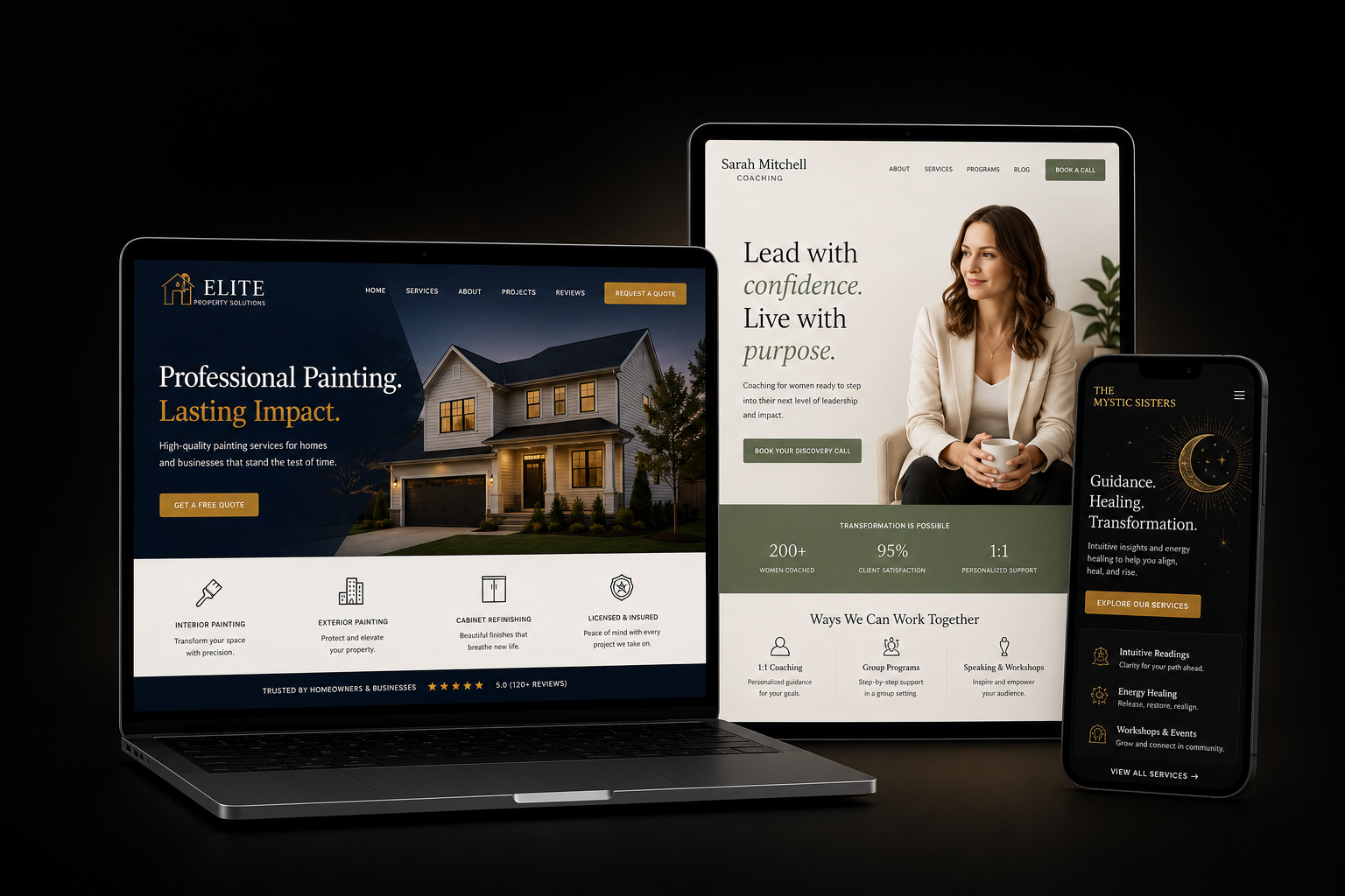 Examples of professional websites shown on laptop, tablet, and mobile